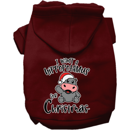 Hippo for Christmas Screen Print Dog Hoodie Maroon Size XS