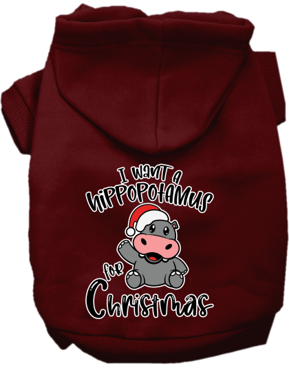 Hippo for Christmas Screen Print Dog Hoodie Maroon Size XS