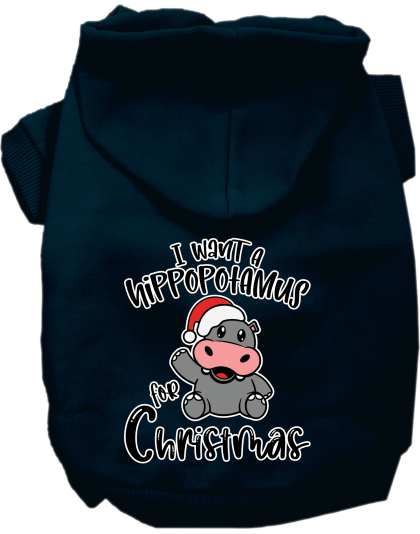 Hippo for Christmas Screen Print Dog Hoodie Navy Blue Size XS
