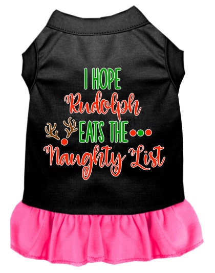 Hope Rudolph Eats Naughty List Screen Print Dog Dress Black with Bright Pink Lg