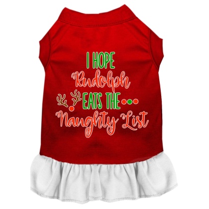 Hope Rudolph Eats Naughty List Screen Print Dog Dress Red with White Lg