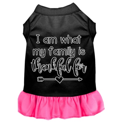 I Am What My Family is Thankful For Screen Print Dog Dress Black with Bright Pink Lg