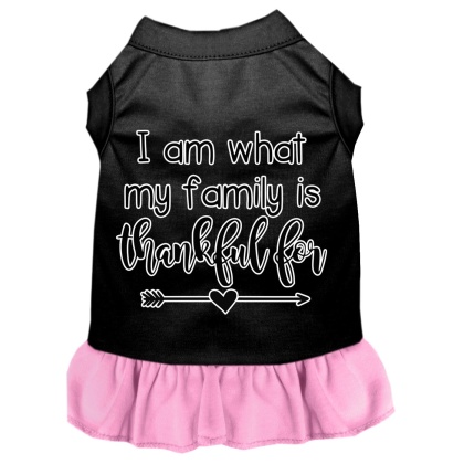 I Am What My Family is Thankful For Screen Print Dog Dress Black with Light Pink Lg