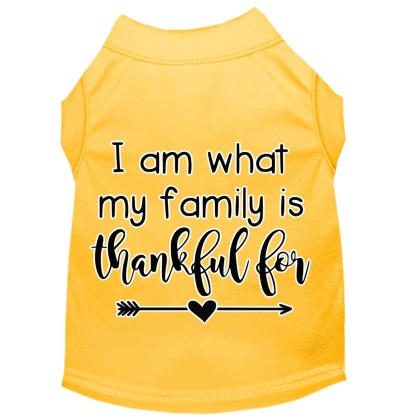 I Am What My Family is Thankful For Screen Print Dog Shirt Yellow Lg