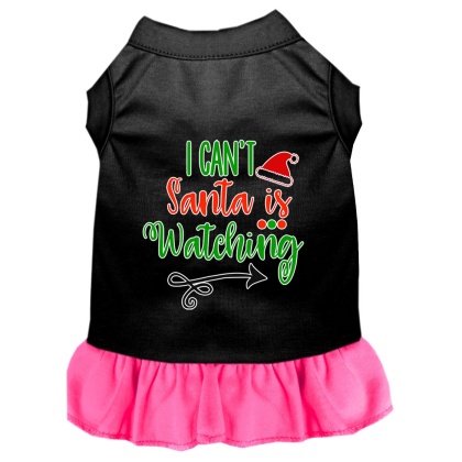 I Can't, Santa is Watching Screen Print Dog Dress Black with Bright Pink Lg