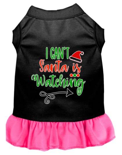 I Can't, Santa is Watching Screen Print Dog Dress Black with Bright Pink Lg