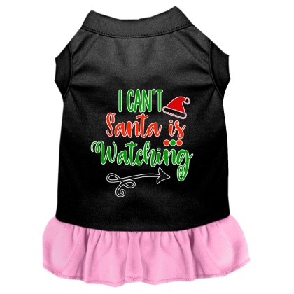I Can't, Santa is Watching Screen Print Dog Dress Black with Light Pink Lg