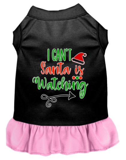 I Can't, Santa is Watching Screen Print Dog Dress Black with Light Pink Lg