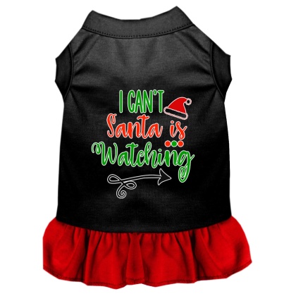 I Can't, Santa is Watching Screen Print Dog Dress Black with Red Lg