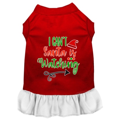 I Can't, Santa is Watching Screen Print Dog Dress Red with White Lg