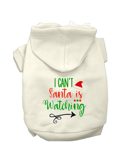 I Can't, Santa is Watching Screen Print Dog Hoodie Cream L