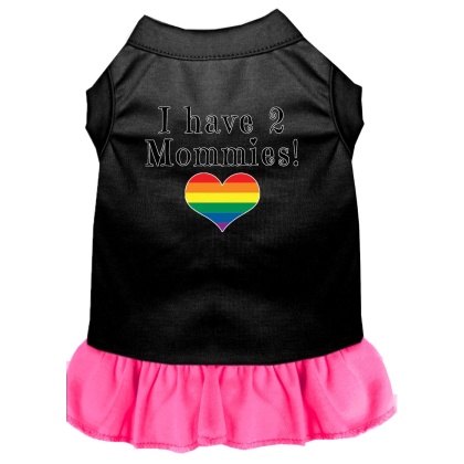 I Have 2 Mommies Screen Print Dog Dress Black with Bright Pink Lg
