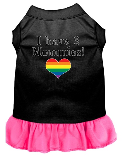 I Have 2 Mommies Screen Print Dog Dress Black with Bright Pink Lg