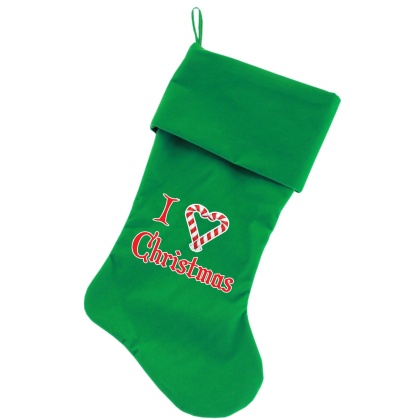 I Heart Christmas Screen Print 18 inch Velvet Christmas Stocking Green
