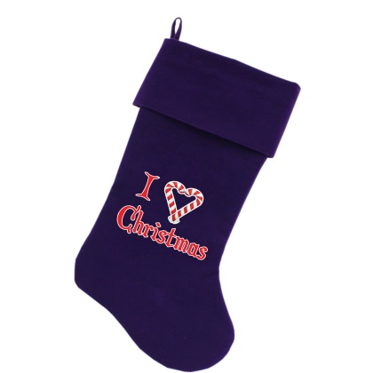 I Heart Christmas Screen Print 18 inch Velvet Christmas Stocking Purple