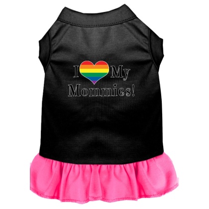 I Heart my Mommies Screen Print Dog Dress Black with Bright Pink Lg