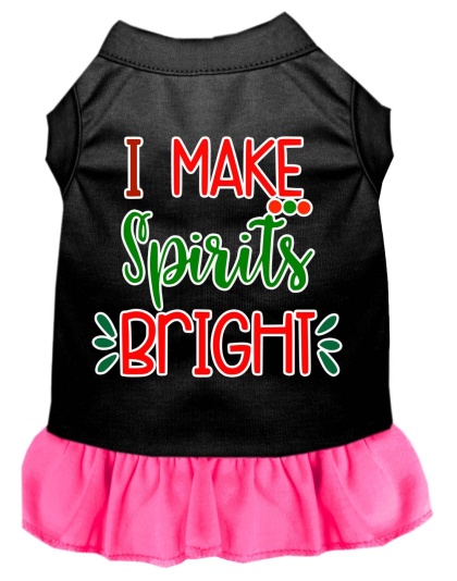 I Make Spirits Bright Screen Print Dog Dress Black with Bright Pink Lg