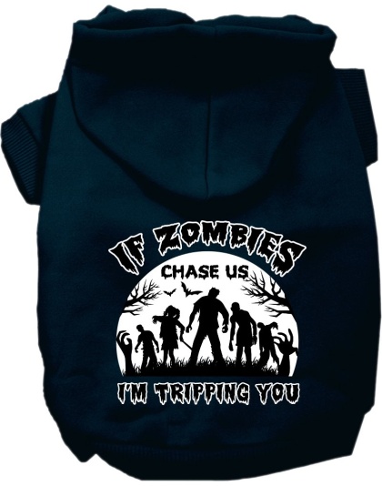 If Zombies Chase Us Screen Print Dog Hoodie Navy Blue Size XS