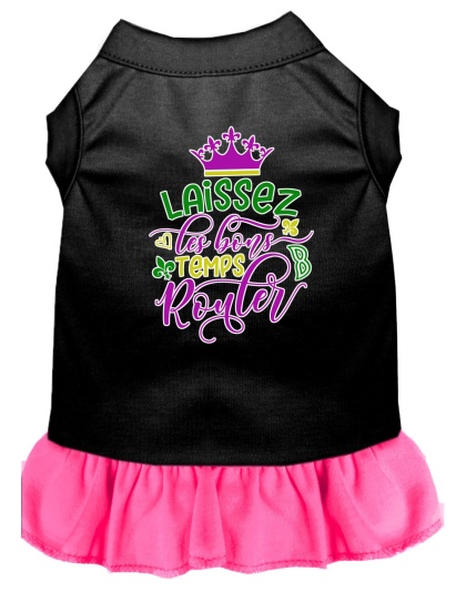 Laissez Les Bons Temps Rouler Screen Print Mardi Gras Dog Dress Black with Bright Pink Lg