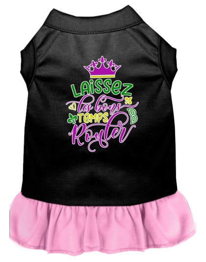 Laissez Les Bons Temps Rouler Screen Print Mardi Gras Dog Dress Black with Light Pink Lg