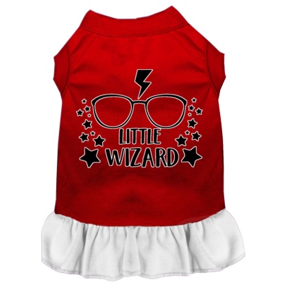 Little Wizard Screen Print Dog Dress Red with White Lg