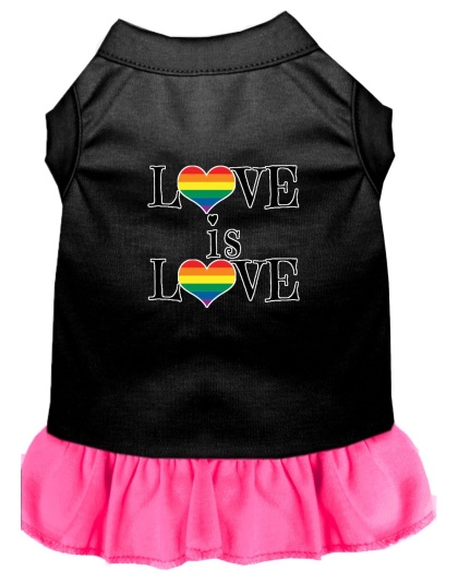 Love is Love Screen Print Dog Dress Black with Bright Pink Lg