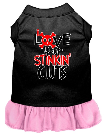 Love your Stinkin Guts Screen Print Dog Dress Black with Light Pink Lg