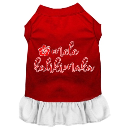 Mele Kalikimaka Screen Print Dog Dress Red with White Lg