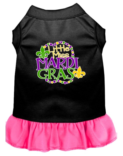 Miss Mardi Gras Screen Print Mardi Gras Dog Dress Black with Bright Pink Lg
