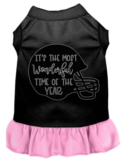 Most Wonderful Time of the Year (Football) Screen Print Dog Dress Black with Light Pink Lg