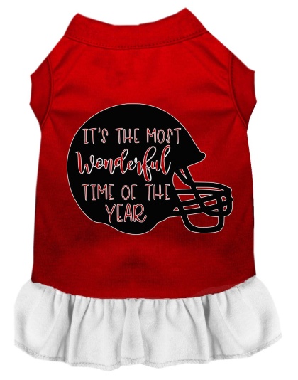 Most Wonderful Time of the Year (Football) Screen Print Dog Dress Red with White Lg