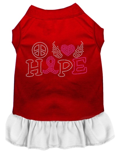 Peace Love Hope Breast Cancer Rhinestone Pet Dress Red with White Lg
