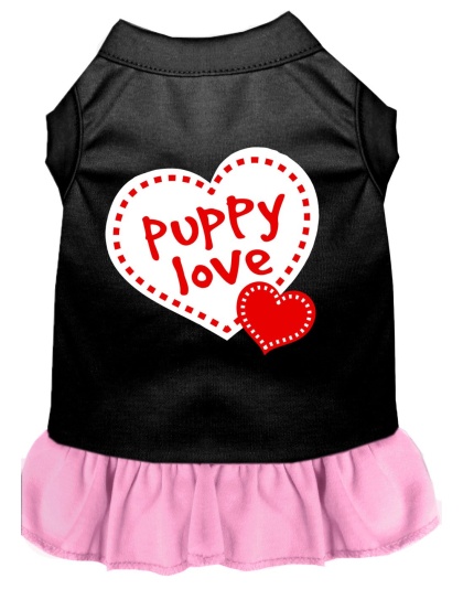 Puppy Love Screen Print Dog Dress Black with Light Pink Lg