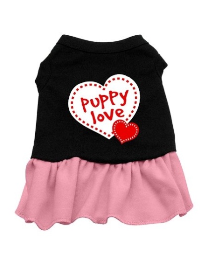Puppy Love Screen Print Dog Dress Black with Light Pink Sm