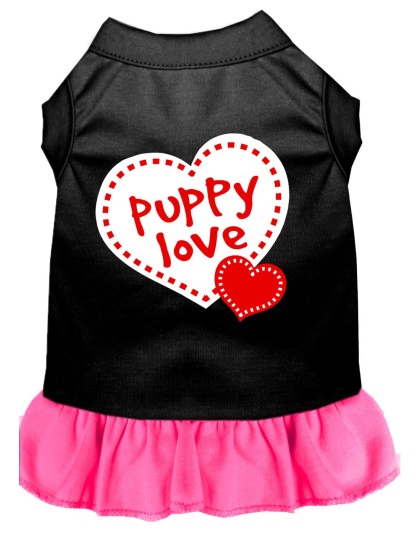 Puppy Love Screen Print Dress Black with Bright Pink Lg