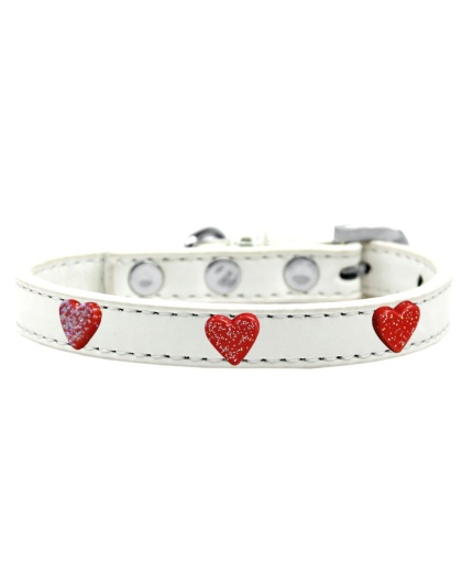 Red Glitter Heart Widget Dog Collar White Size 10