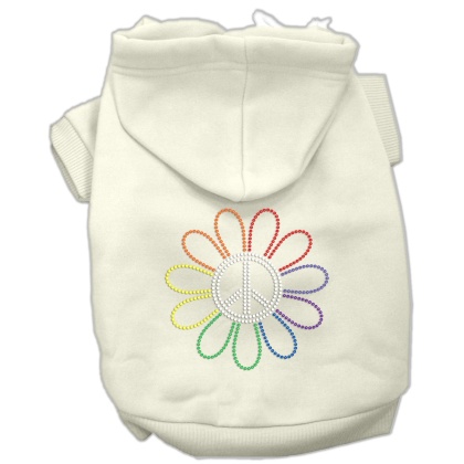 Rhinestone Rainbow Flower Peace Sign Hoodie Cream L