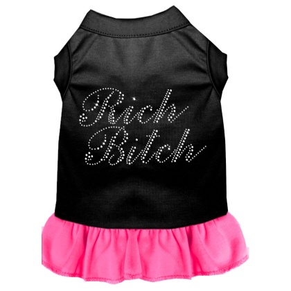 Rhinestone Rich Bitch Dress Black with Bright Pink Lg