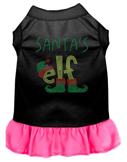 Santa's Elf Rhinestone Dog Dress Black with Bright Pink Lg