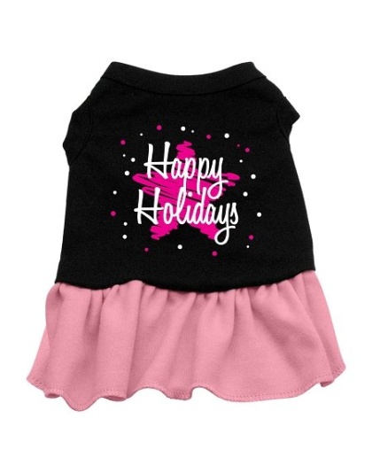 Scribble Happy Holidays Screen Print Dress Black with Pink Lg