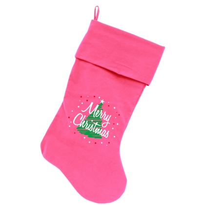 Scribbled Merry Christmas Screen Print 18 inch Velvet Christmas Stocking Pink