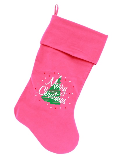 Scribbled Merry Christmas Screen Print 18 inch Velvet Christmas Stocking Pink