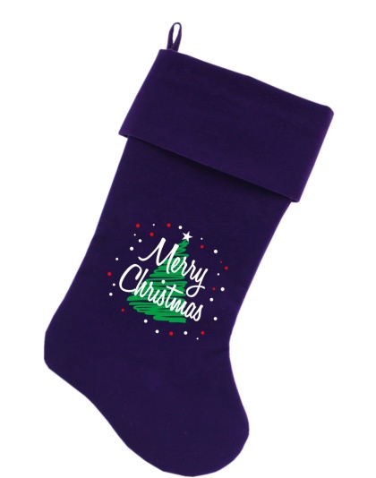 Scribbled Merry Christmas Screen Print 18 inch Velvet Christmas Stocking Purple