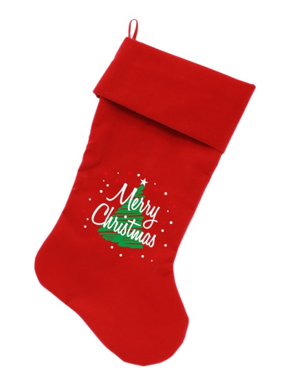 Scribbled Merry Christmas Screen Print 18 inch Velvet Christmas Stocking Red
