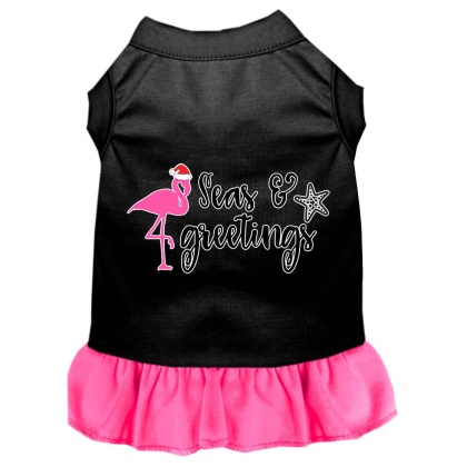 Seas and Greetings Screen Print Dog Dress Black with Bright Pink Lg