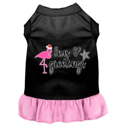 Seas and Greetings Screen Print Dog Dress Black with Light Pink Lg