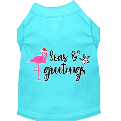 Seas and Greetings Screen Print Dog Shirt Aqua Lg