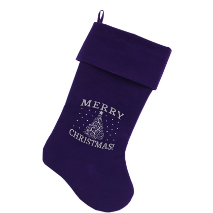 Shimmer Christmas Tree Screen Print 18 inch Velvet Christmas Stocking Purple