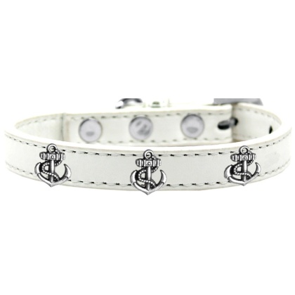 Silver Anchor Widget Dog Collar White Size 10