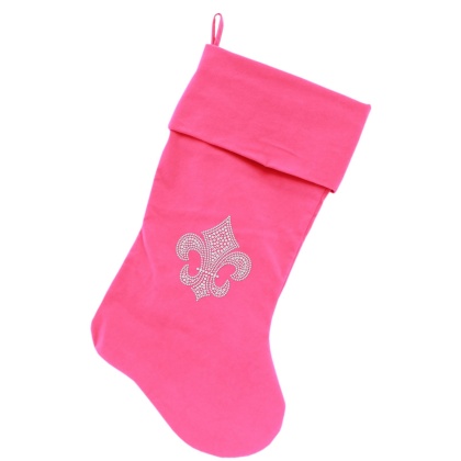 Silver Fleur De Lis Rhinestone 18 inch Velvet Christmas Stocking Pink